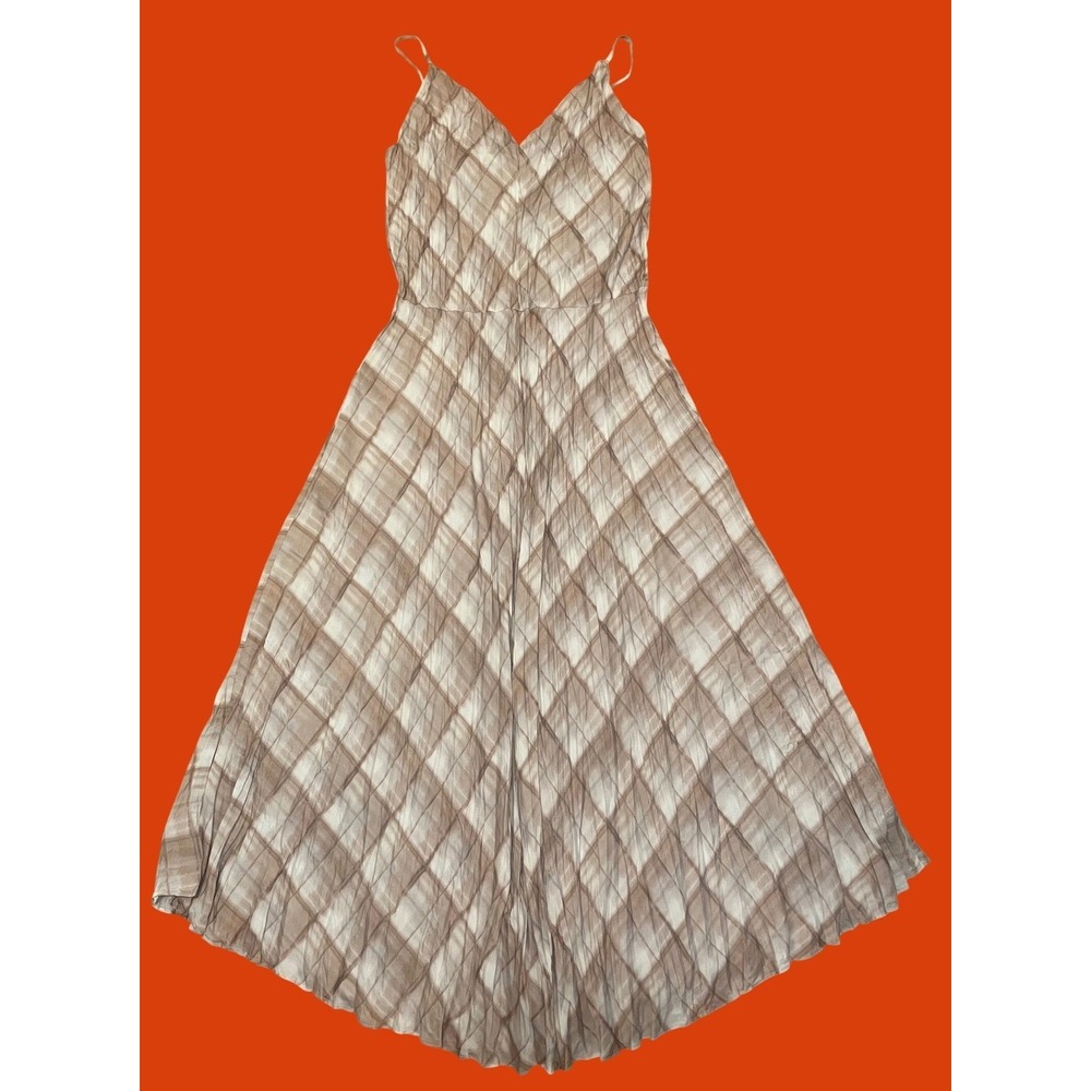 Vince Maxi Dress Tan White Diamond Plaid Pleated Adjustable Straps Small